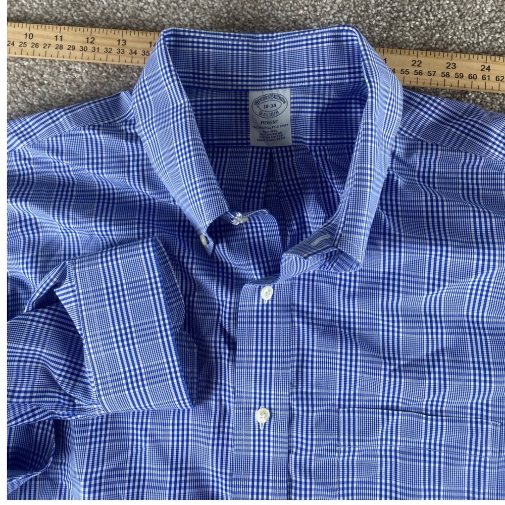 Brooks Brothers Regent Non-Iron Dress Shirt 18-34 Blue White Plaid Supima Cotton